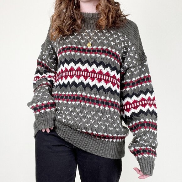 Vintage Sweaters - Vintage Fair Isle Scandinavian Knit Sweater Nordic Grandpa Slouchy Oversized 80s